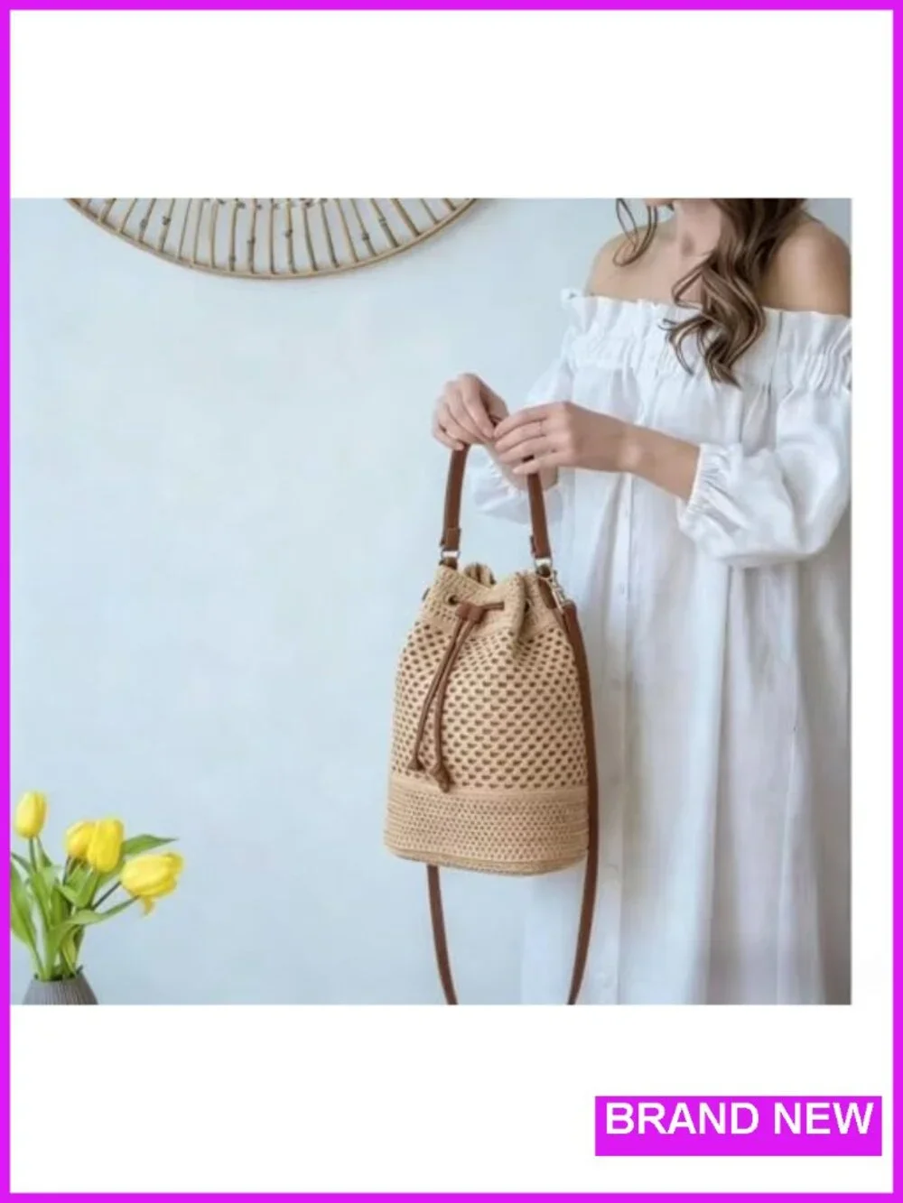 Straw Woven Crossbody Purse, Crochet Beach Bag for Women, Adjustable Drawstring